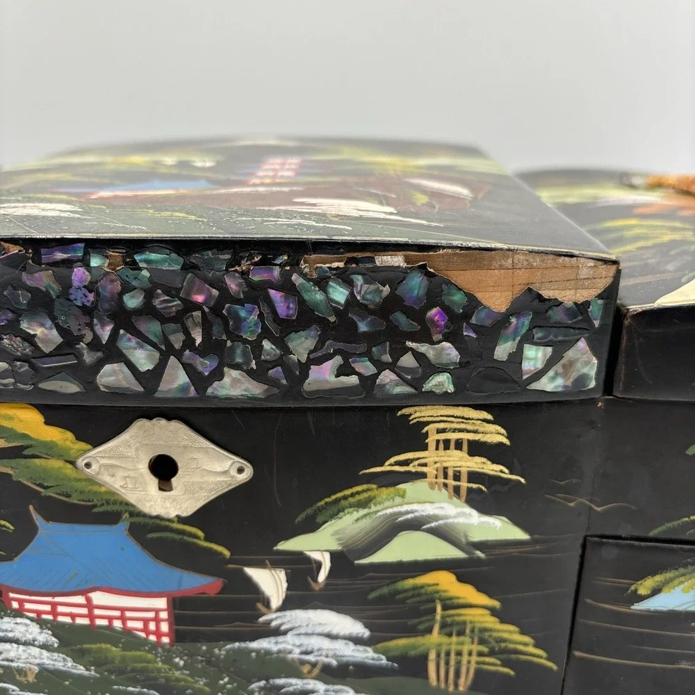 Vintage Japanese Black Lacquer Jewelry Music Box Painted Mountain Pagoda READ